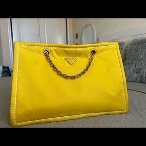 Used Authentic PRADA Tessuto Nylon Chain Shopper Tote 1BG268 Yellow/Giallo